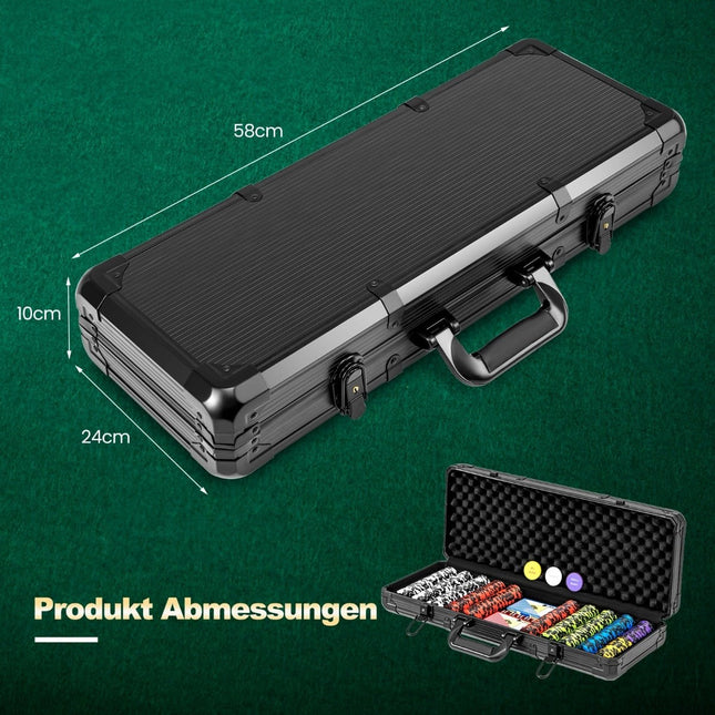 500-teiliges Poker-Set mit Laser-Chips, Karten, Würfeln, Koffer
