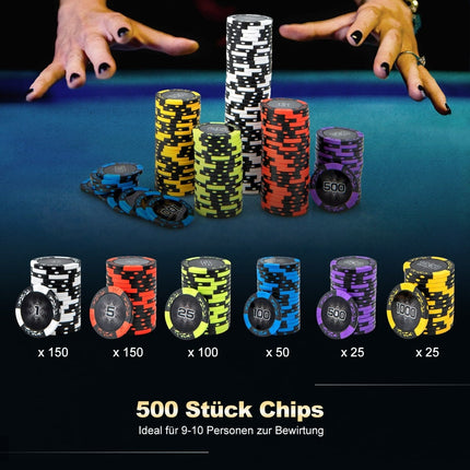 Coffret de poker 500 pièces avec jetons laser, cartes, dés et étui