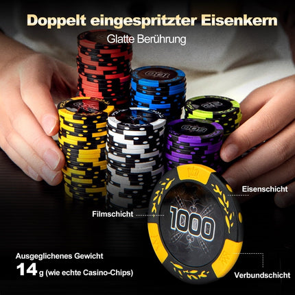Coffret de poker 500 pièces avec jetons laser, cartes, dés et étui