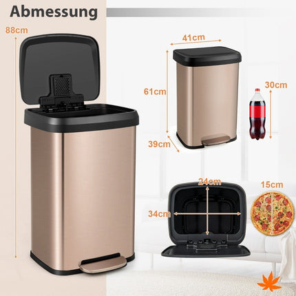 Poubelle de cuisine 50 L avec couvercle à fermeture douce et compartiment de désodorisation, or rose