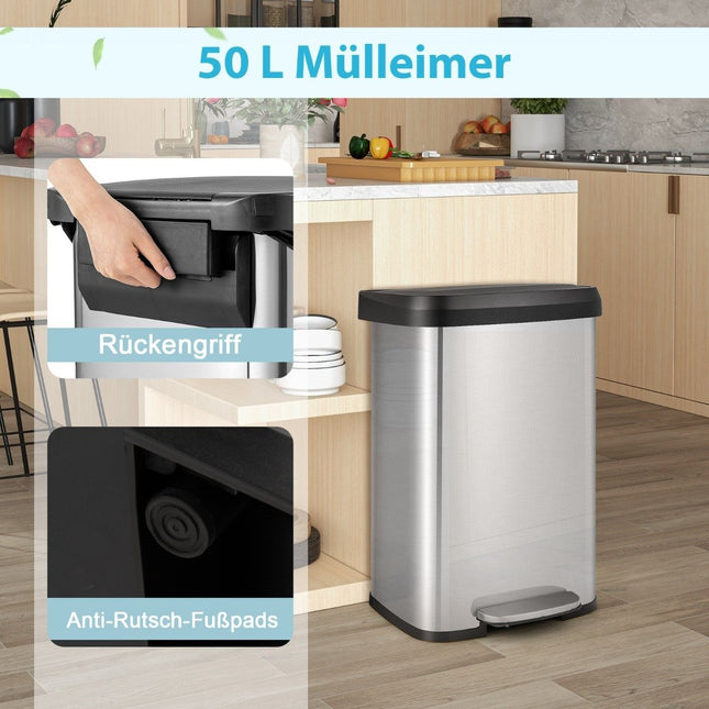 Poubelle de cuisine 50 L avec couvercle à fermeture douce et compartiment de désodorisation, poubelle argentée