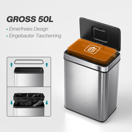 50L Sensor-Mülleimer, Edelstahl, Geruchskontrolle