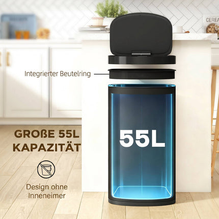 Poubelle à capteur 55 L, couvercle à fermeture douce, acier inoxydable, noire