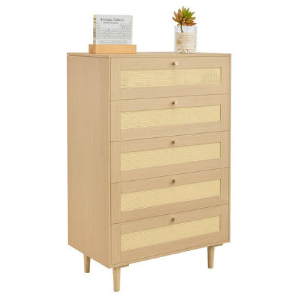 5-Drawer Rattan Dresser – Metal Handles, Wood Legs