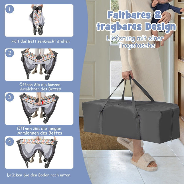 5 IN 1 Babybett Tragbares Beistellbett Reisebett mit faltbarer Matratze 102 cm x 72 cm x 74 cm Bunt