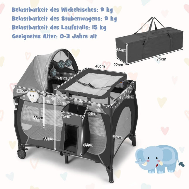 Lit bébé 5 en 1, lit d'appoint portable, lit de voyage avec matelas pliable, 102 cm x 72 cm x 74 cm, gris