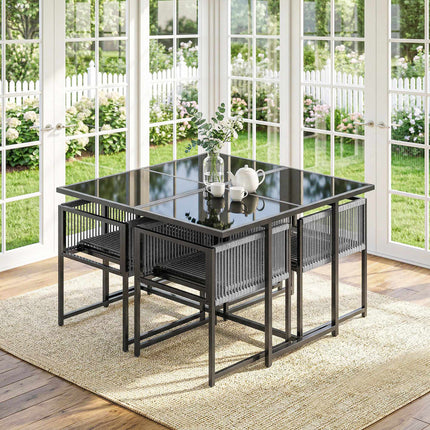 5-teiliges Outdoor-Esszimmer-Set mit Glastisch und Klappstühlen