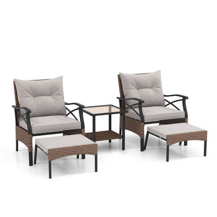 5-teiliges Gartenset aus Polyrattan mit Kissen, Tisch und Hockern