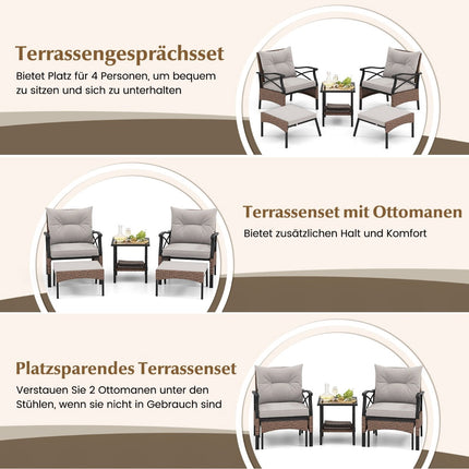 5-teiliges Gartenset aus Polyrattan mit Kissen, Tisch und Hockern