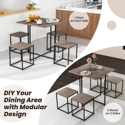 Ensemble table et tabourets carrés 5 pièces, gris
