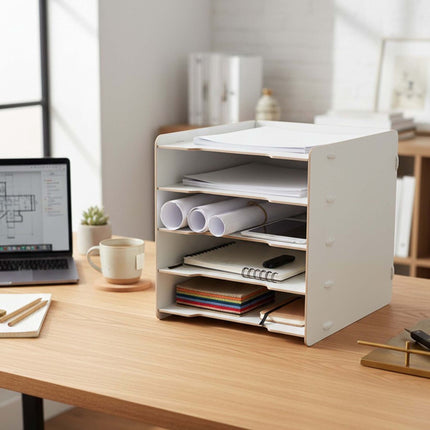 Plateau à courrier 5 compartiments en MDF – Organiseur effet bois marron foncé