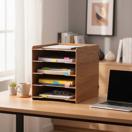 Plateau à courrier 5 compartiments en MDF – Organiseur effet bois marron foncé