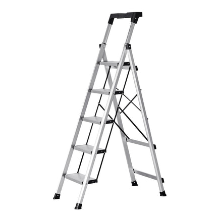 5-Step Folding Aluminum Ladder, 150 kg, Anti-Slip, Tray