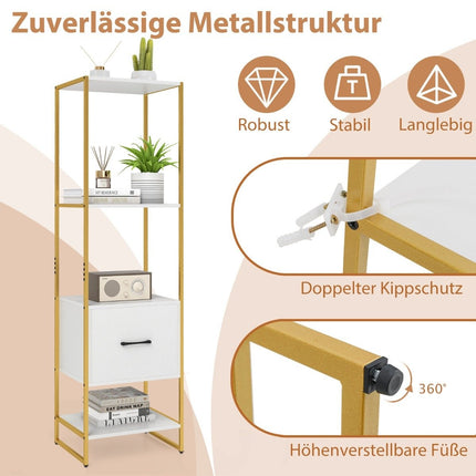 5-stöckiges Bücherregal mit Schublade und Metallrahmen, modernes Standregal, weiß