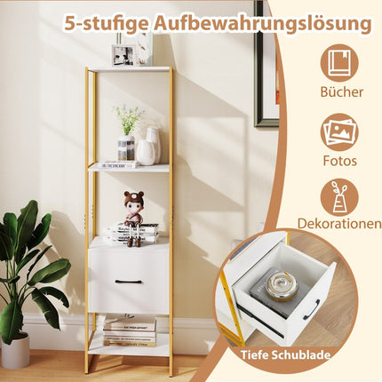 5-stöckiges Bücherregal mit Schublade und Metallrahmen, modernes Standregal, weiß