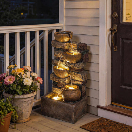 Fontaine de jardin à 5 niveaux avec éclairage LED et pompe réglable