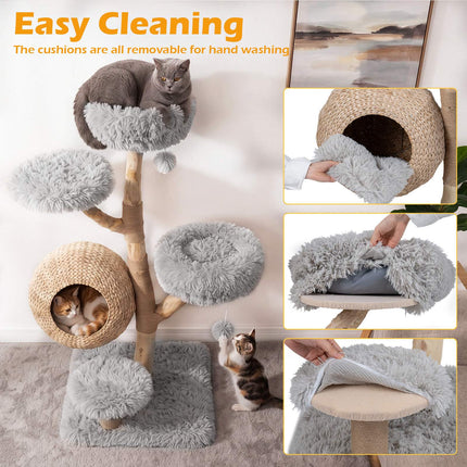 Arbre à chat en bois gris à 5 niveaux avec perchoirs moelleux et poteaux en jute