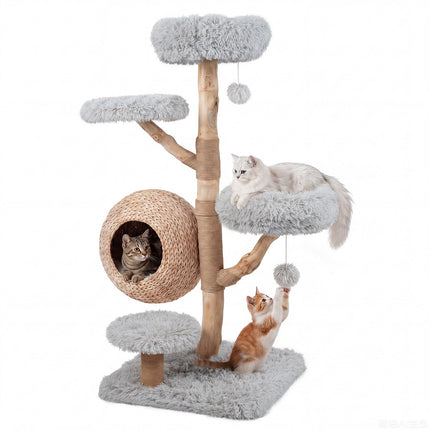 Arbre à chat en bois gris à 5 niveaux avec perchoirs moelleux et poteaux en jute