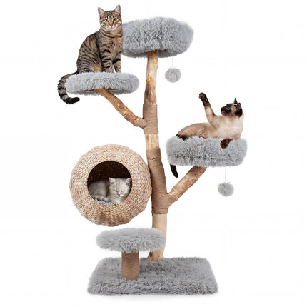 Arbre à chat en bois gris à 5 niveaux avec perchoirs moelleux et poteaux en jute