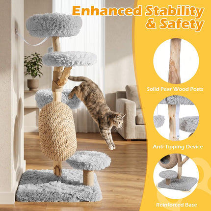 Arbre à chat en bois gris à 5 niveaux avec perchoirs moelleux et poteaux en jute