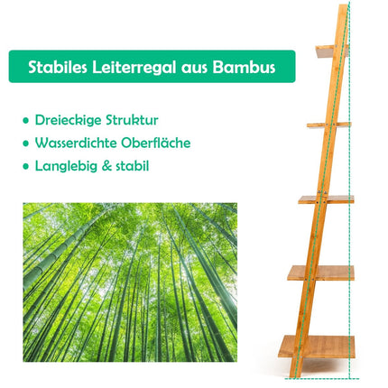 5-stöckiges Leiterregal aus Bambus schmales Bücherregal Standregal 43 x 35 x 165 cm Natur