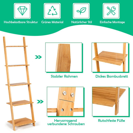 5-stöckiges Leiterregal aus Bambus schmales Bücherregal Standregal 43 x 35 x 165 cm Natur