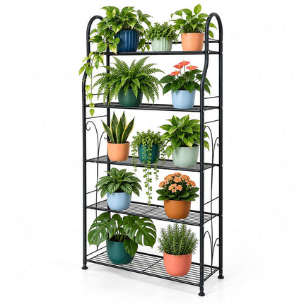 5-Tier Metal Plant Shelf with Decorative Curves, Black, 144 cm High