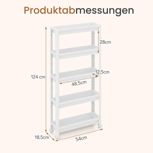 Schmaler 5-stufiger Küchenwagen mit Rollen und Griffen, Weiß