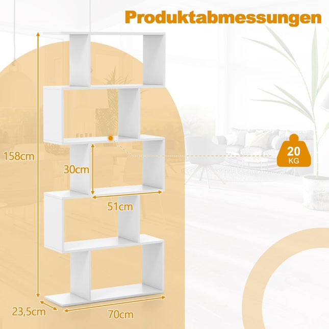 5-stöckiges S-förmiges Regal mit Kippschutz, Weiß