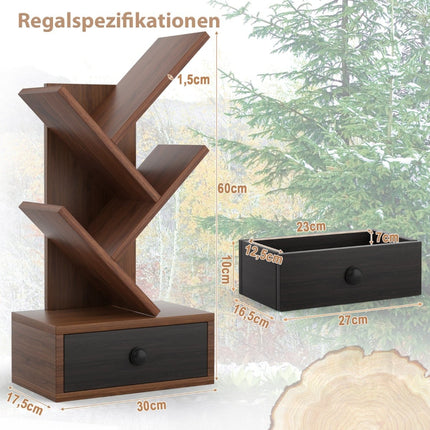5-stufiges Baum-Bücherregal mit Schublade – Braun, platzsparend