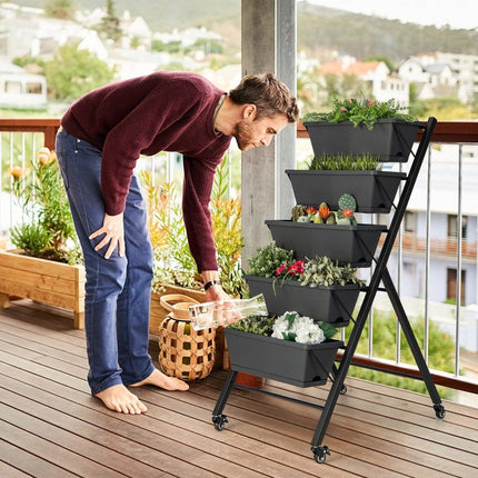 Vertikales Hochbeet mit 5 Ebenen, Rädern, Drainagelöchern und Containerboxen, Schwarz