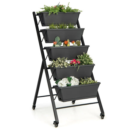 Vertikales Hochbeet mit 5 Ebenen, Rädern, Drainagelöchern und Containerboxen, Schwarz