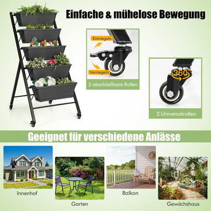 Vertikales Hochbeet mit 5 Ebenen, Rädern, Drainagelöchern und Containerboxen, Schwarz