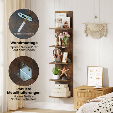 Wandregal aus Holz mit 5 Etagen, rustikales Braun