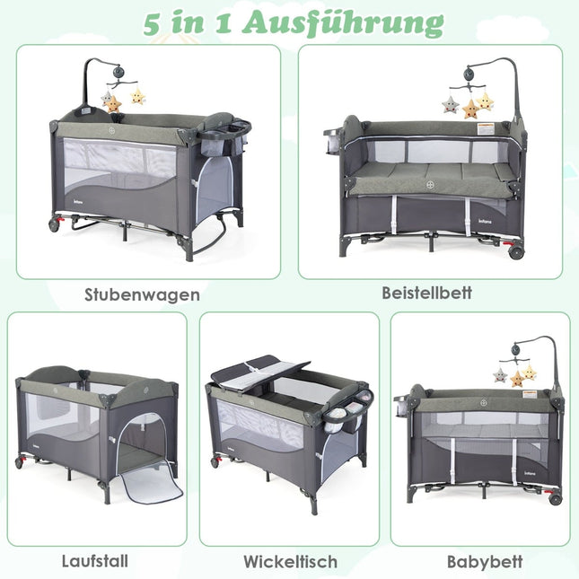 5-in-1 Babybett mit Matratze, Wickeltisch, Spielbogen