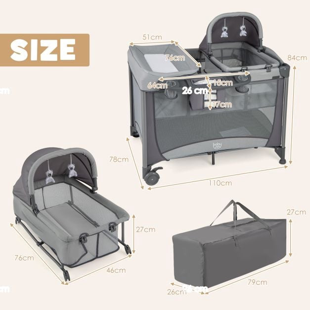 5-in-1 Babyreisebett Laufstall mit Wickeltisch, Grau