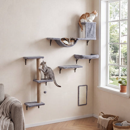 5-in-1 Katzenkletterwand mit Baum, Haus und Brücke – Grau