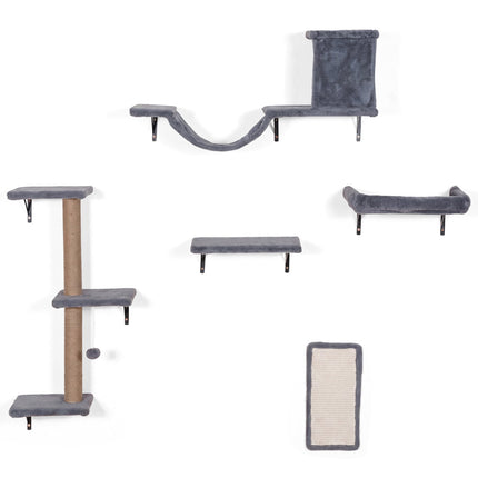5-in-1 Katzenkletterwand mit Baum, Haus und Brücke – Grau