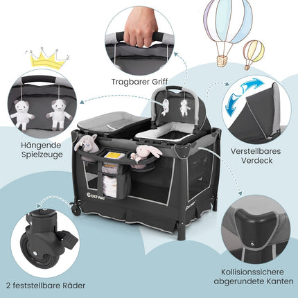 Lit bébé pliable 5 en 1 avec berceau et matelas à langer
