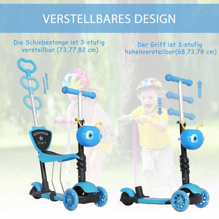 5-in-1 Kids Scooter with Removable Seat and Push Handle, Blue, Height Adjustable