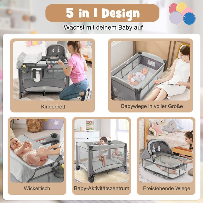5-in-1 Tragbares Babybett, Wickeltisch & Stubenwagen