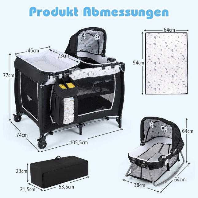 5-in-1 Tragbares Babybett mit Wickeltisch & Spielzeug