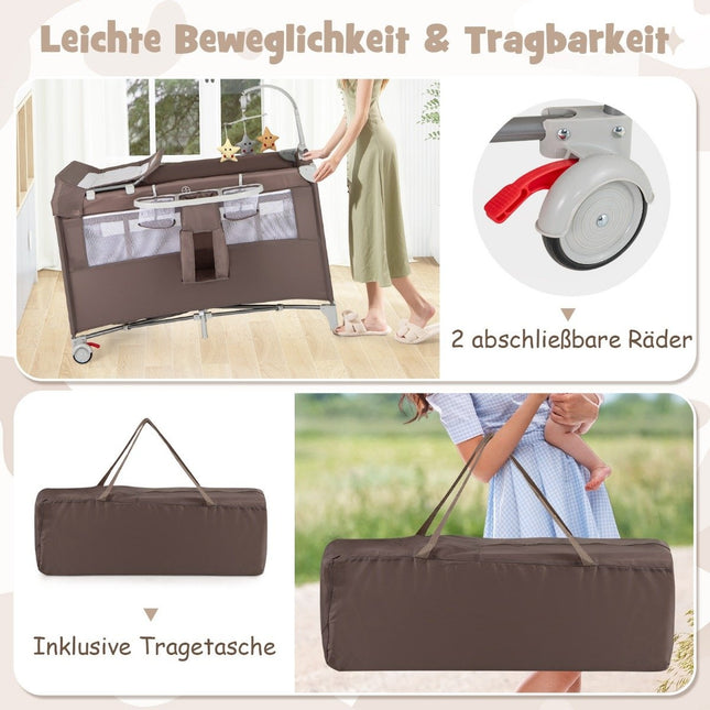 Lit d'appoint pliant 5 en 1, lit de voyage avec matelas, lit bébé à 2 niveaux avec roulettes marron