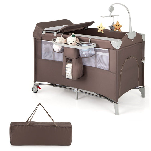 Lit d'appoint pliant 5 en 1, lit de voyage avec matelas, lit bébé à 2 niveaux avec roulettes marron