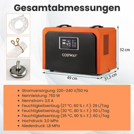 Déshumidificateur industriel 60 L/jour avec tuyau de drainage et minuterie