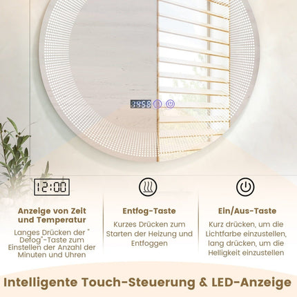 Ø 60 cm LED bathroom mirror with 3-color lights & touch switch cosmetic mirror