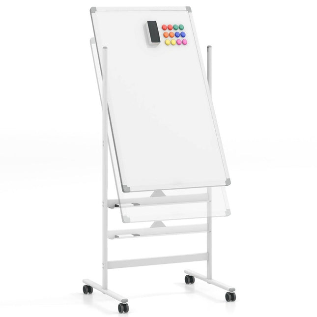 Tableau blanc magnétique double face 60 x 100 cm avec roulettes, support et plumier blanc