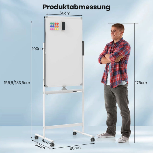 Tableau blanc magnétique double face 60 x 100 cm avec roulettes, support et plumier blanc