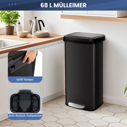 Poubelle de cuisine noire de 68 L avec couvercle à fermeture douce