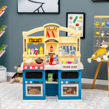Cuisine pour enfants de 69 pièces comprenant des accessoires, une cuisine de jeu avec lumières, vapeur, musique et son, bleu